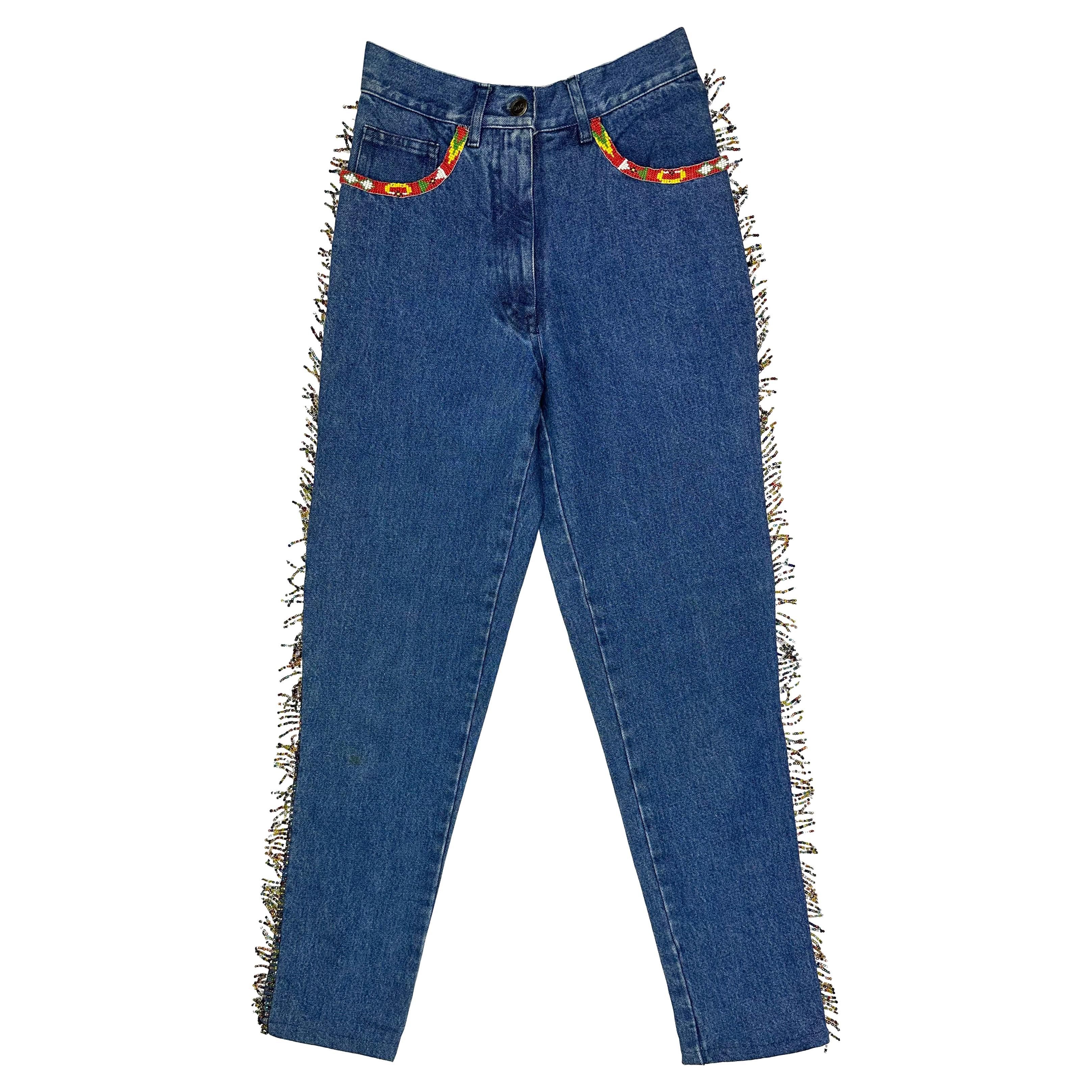 Early 1990s Dolce & Gabbana Western Beaded Fringe Blue Denim Jeans For Sale