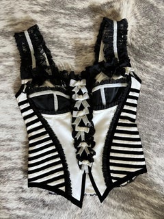 DOLCE & GABBANA early 1990s White & Black Lace & Velvet Ribbon Trim Bustier Top