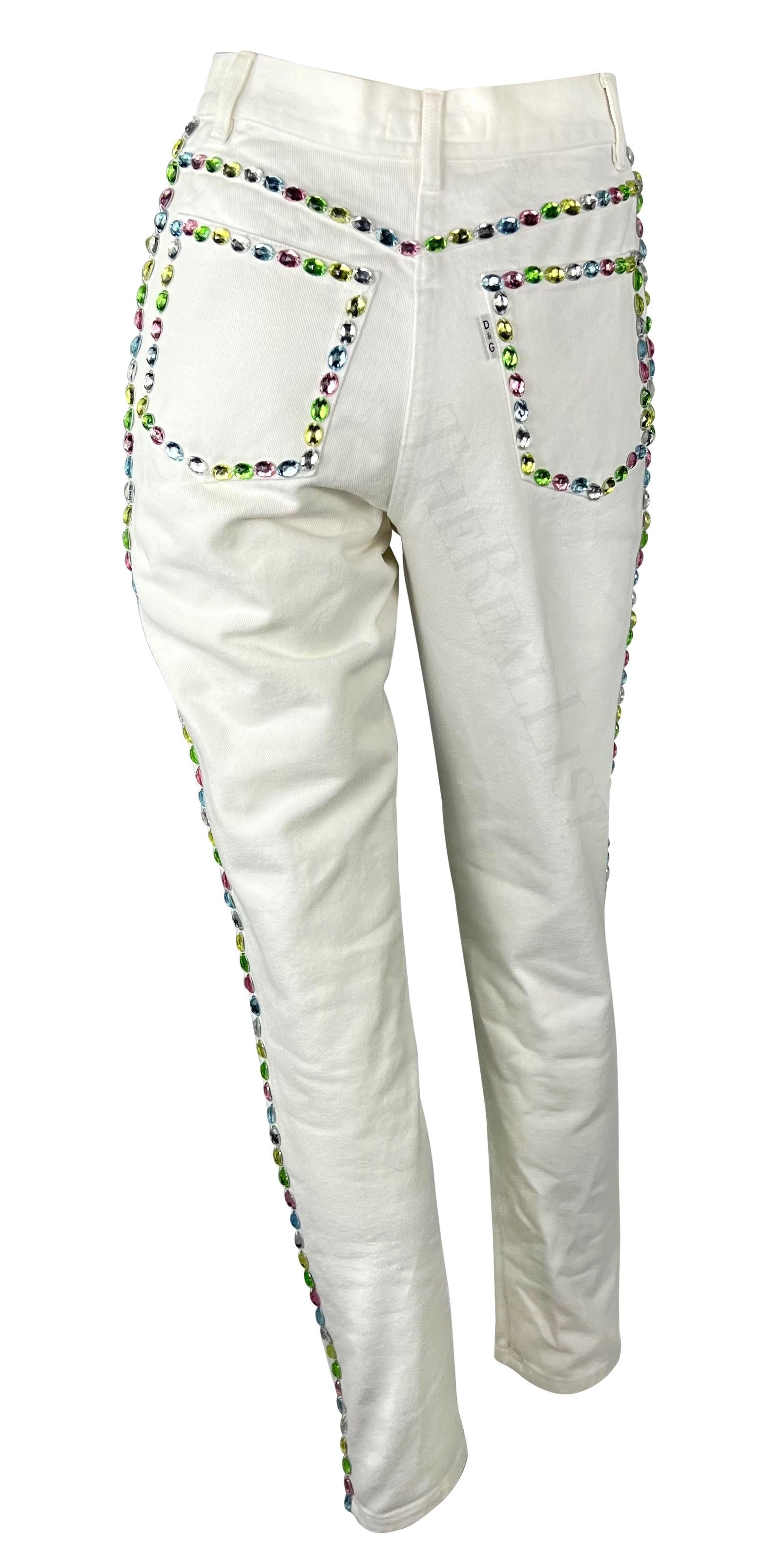 Early 1990s Dolce & Gabbana White Denim Multicolor Pastel Rhinestone Jeans In Excellent Condition For Sale In West Hollywood, CA