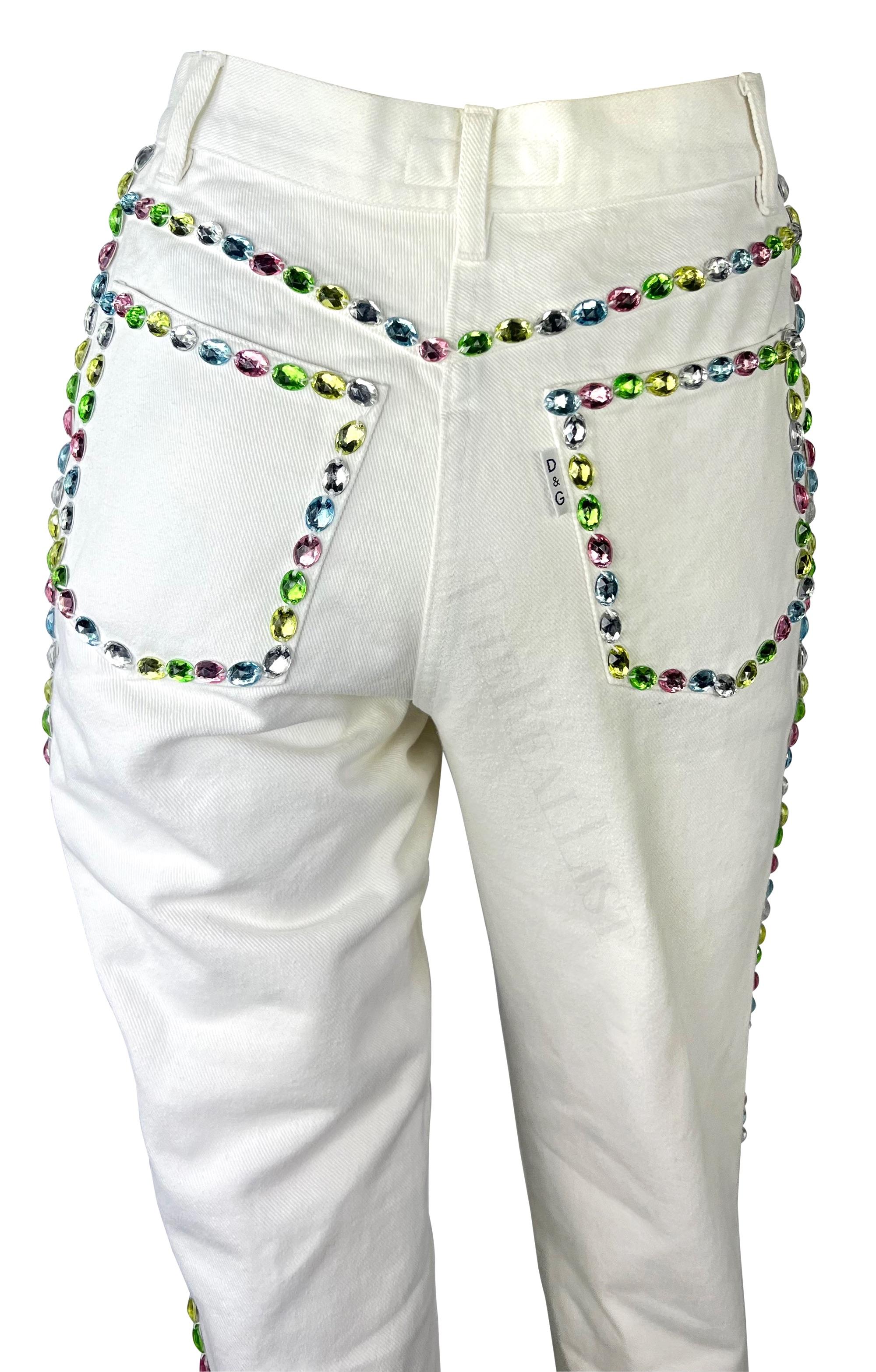 Women's Early 1990s Dolce & Gabbana White Denim Multicolor Pastel Rhinestone Jeans For Sale