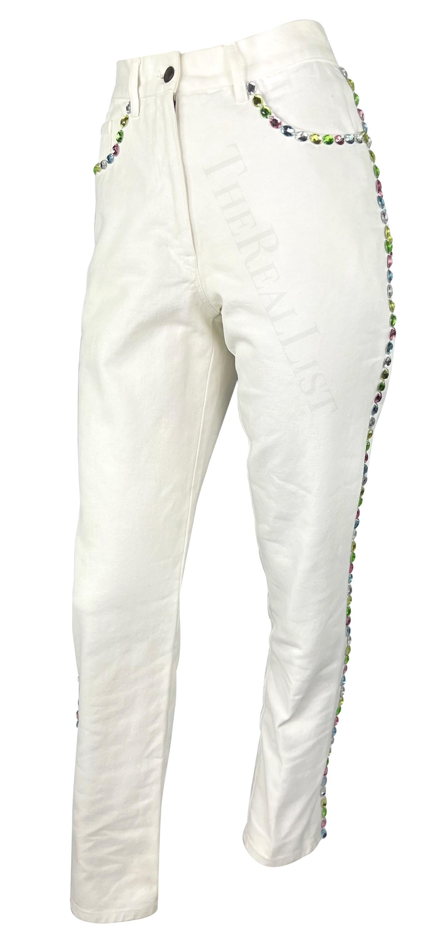 Early 1990s Dolce & Gabbana White Denim Multicolor Pastel Rhinestone Jeans For Sale 2