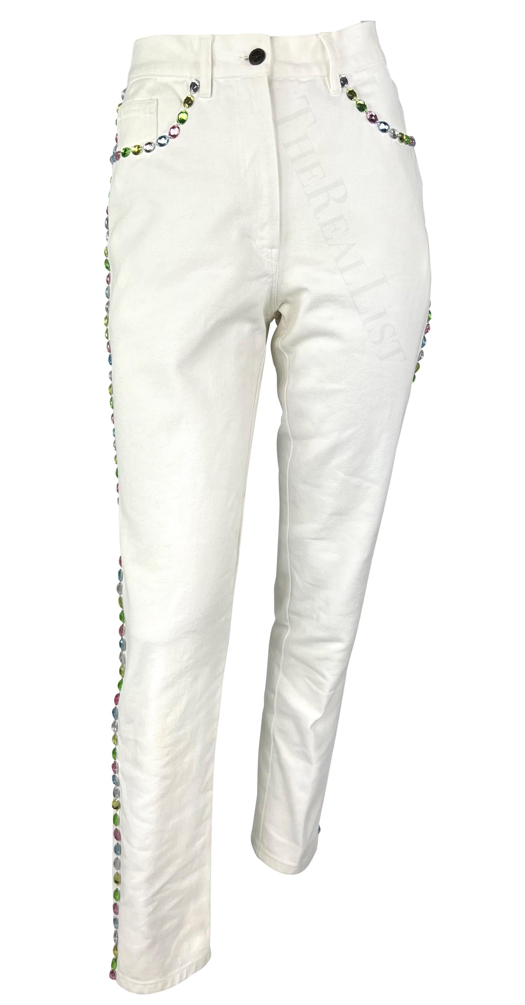 Early 1990s Dolce & Gabbana White Denim Multicolor Pastel Rhinestone Jeans For Sale 3