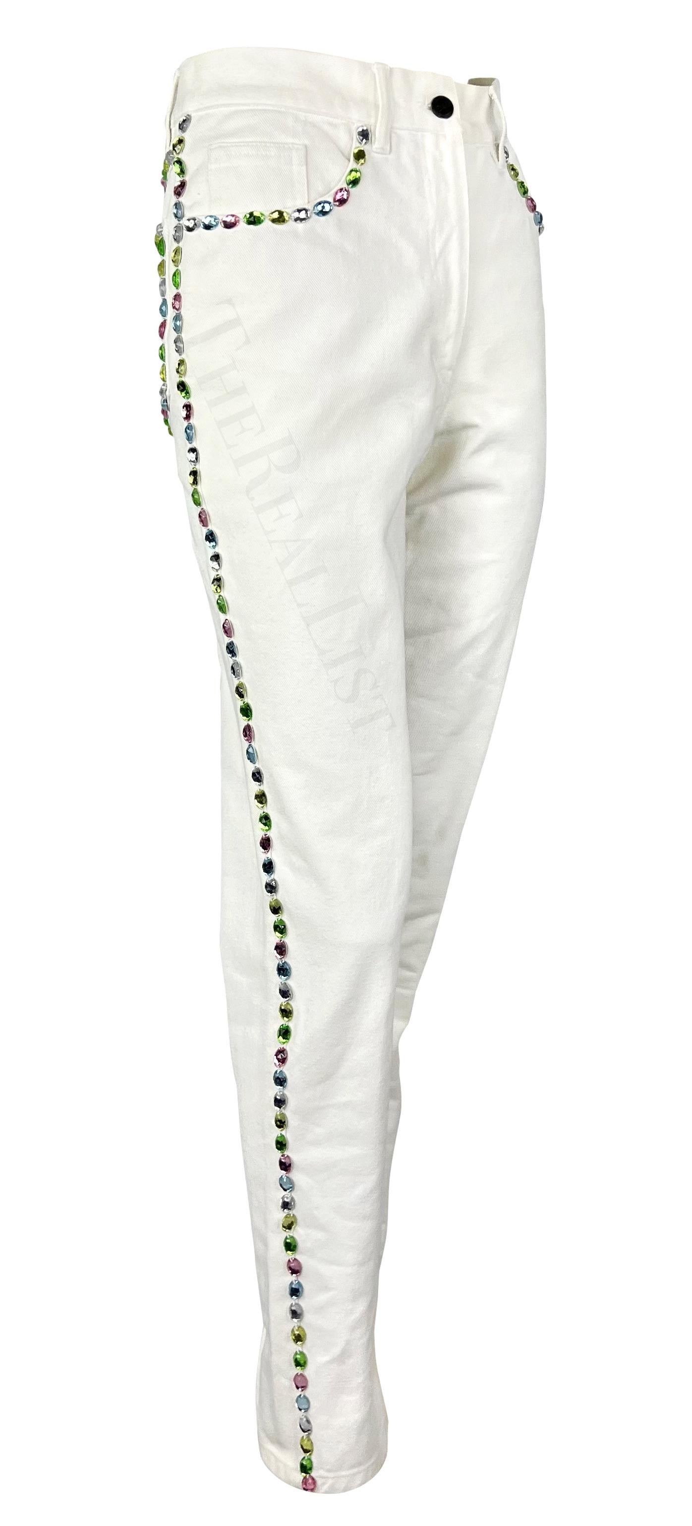 Early 1990s Dolce & Gabbana White Denim Multicolor Pastel Rhinestone Jeans For Sale 4