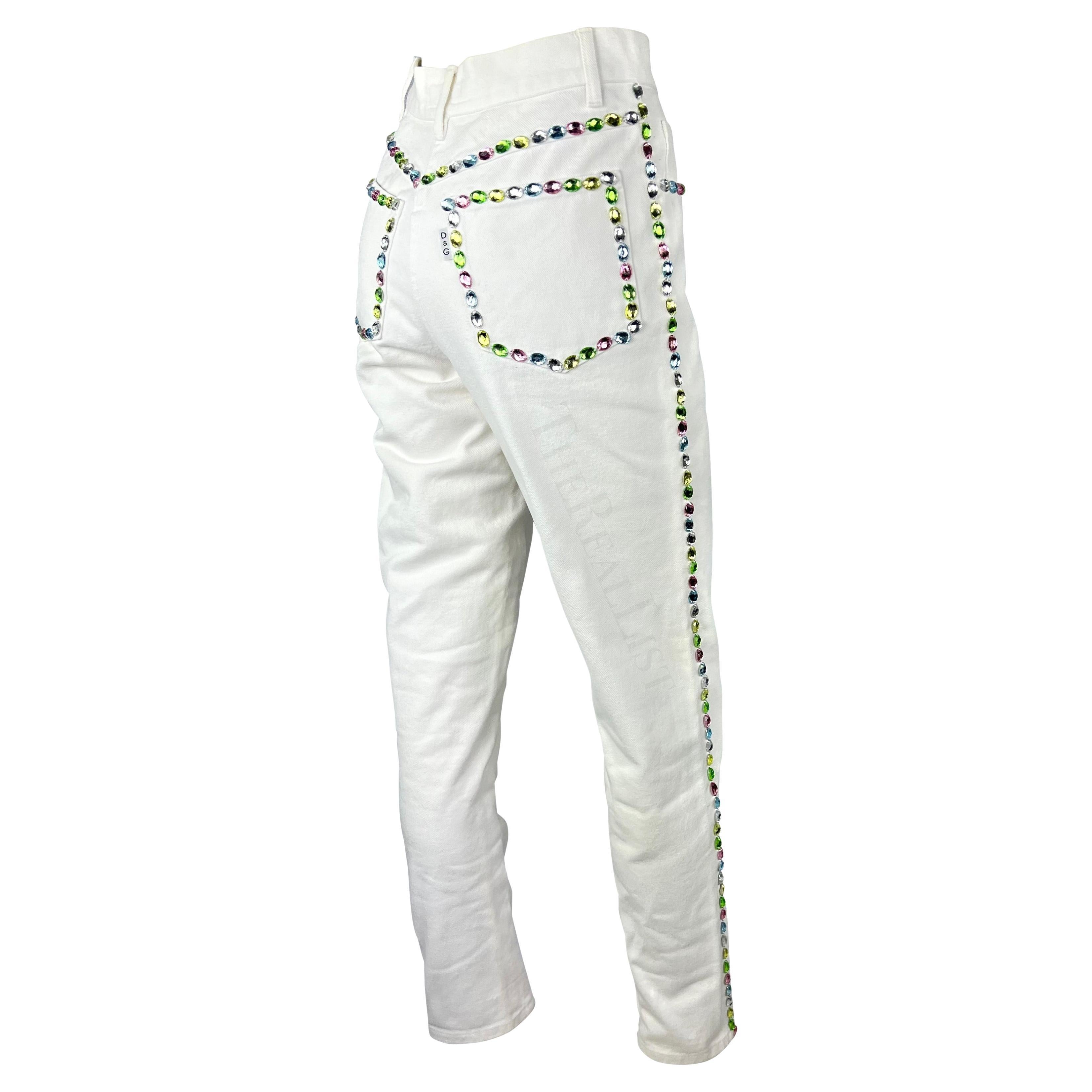 Early 1990s Dolce & Gabbana White Denim Multicolor Pastel Rhinestone Jeans For Sale