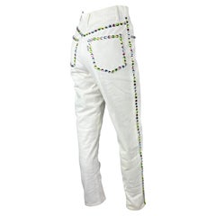 Vintage Early 1990s Dolce & Gabbana White Denim Multicolor Pastel Rhinestone Jeans