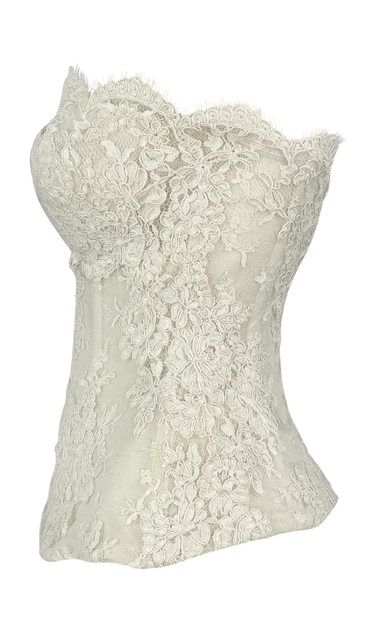 Women's Early 1990s Donna Karan Corset Boned Sheer White Lace Strapless Bustier Top For Sale