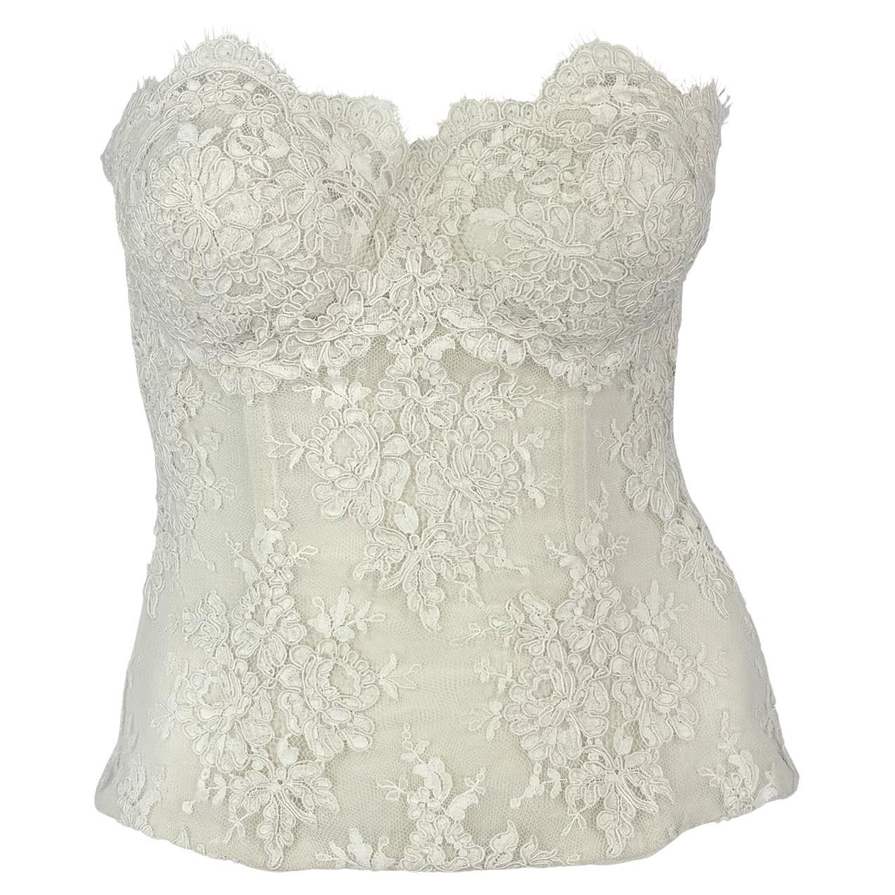 Early 1990s Donna Karan Corset Boned Sheer White Lace Strapless Bustier Top For Sale