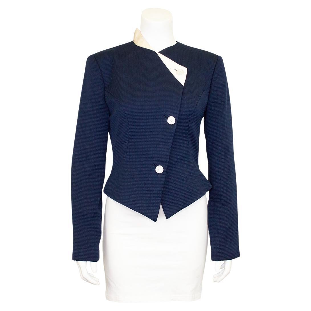Early 1990s Geoffrey Beene Navy Blue Fitted Jacket For Sale