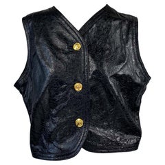 Retro Early 1990s Gianni Versace Baroque Embossed Leather Vest with Ram Buttons