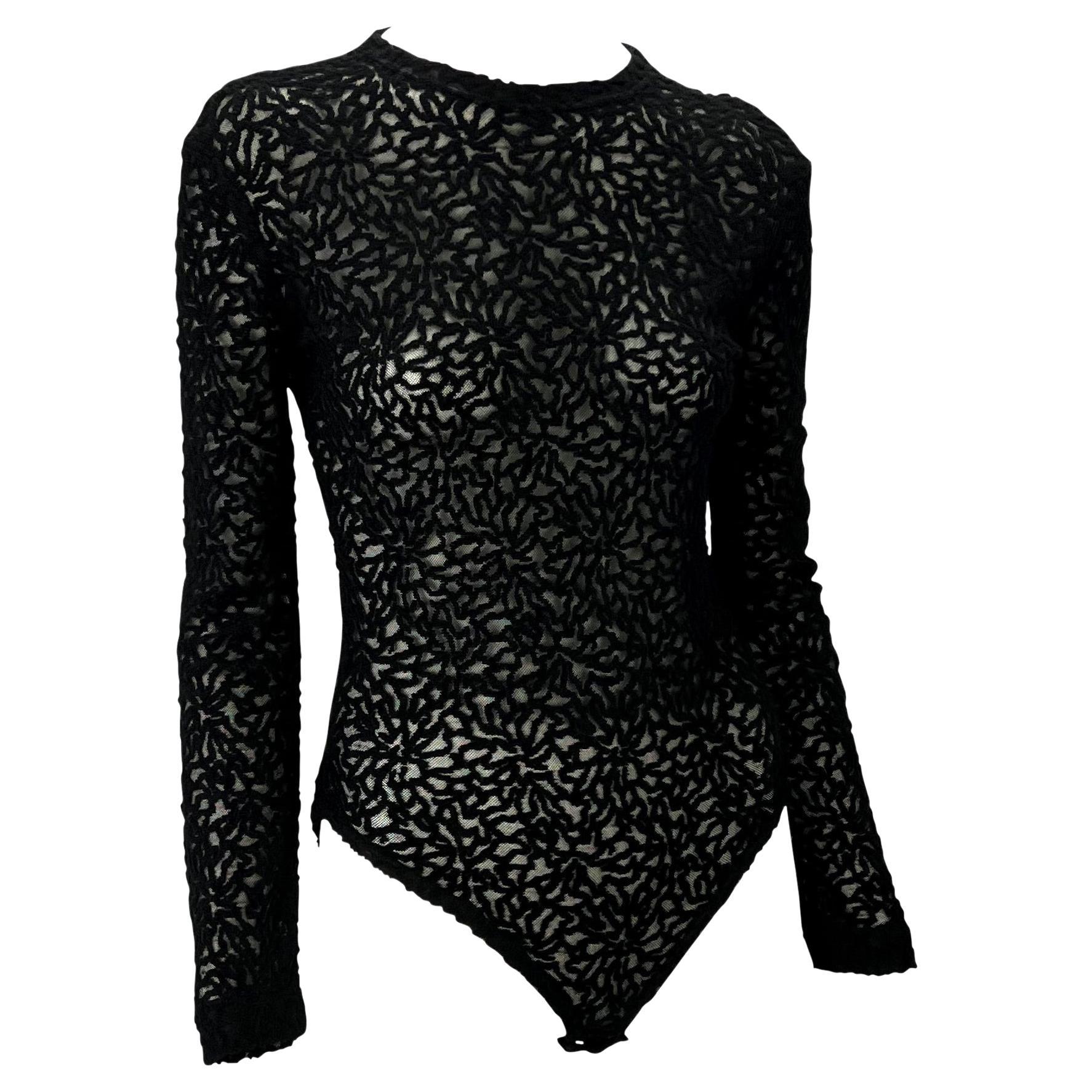 Women's Early 1990s Gianni Versace Black Stretch Bouclé Sheer Long Sleeve Bodysuit For Sale