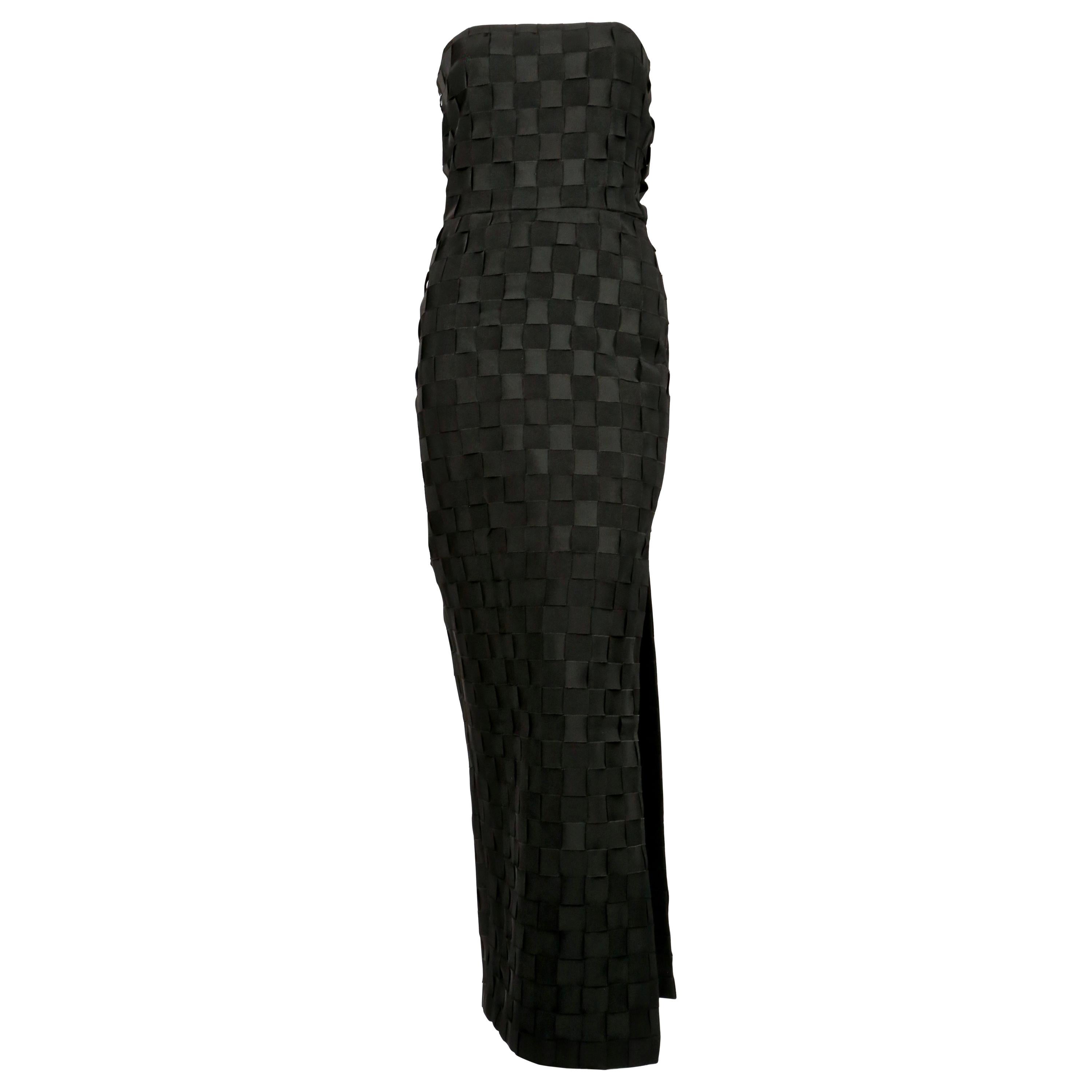 Black early 1990's GIANNI VERSACE black woven grosgrain ribbon strapless dress For Sale