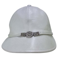 Vintage Early 1990s Gianni Versace Bondage White Leather Rhinestone Medusa Hat