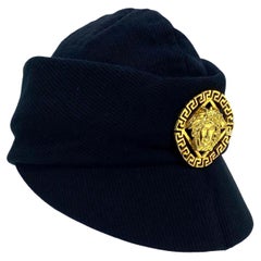 Early 1990s Gianni Versace Medusa Greek Key Medallion Brimmed Wool Hat 