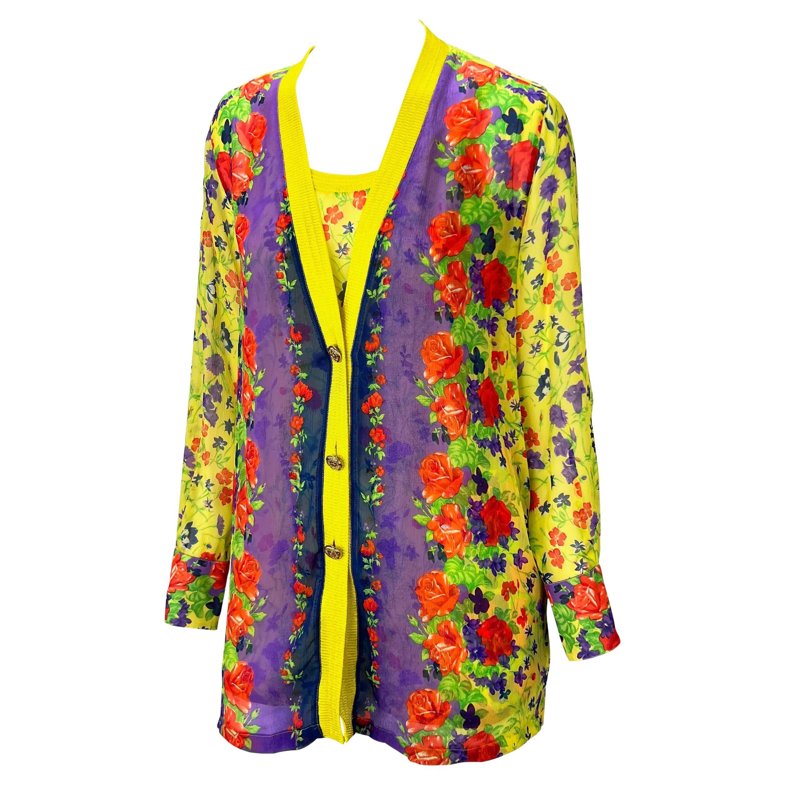 Presenting a sheer floral Gianni Versace cardigan set, designed by Gianni Versace. From the early 1990s, this set is made up of a matching tank top and cardigan both with the same pattern on semi-sheer fabric. The neckline of both the tank top and