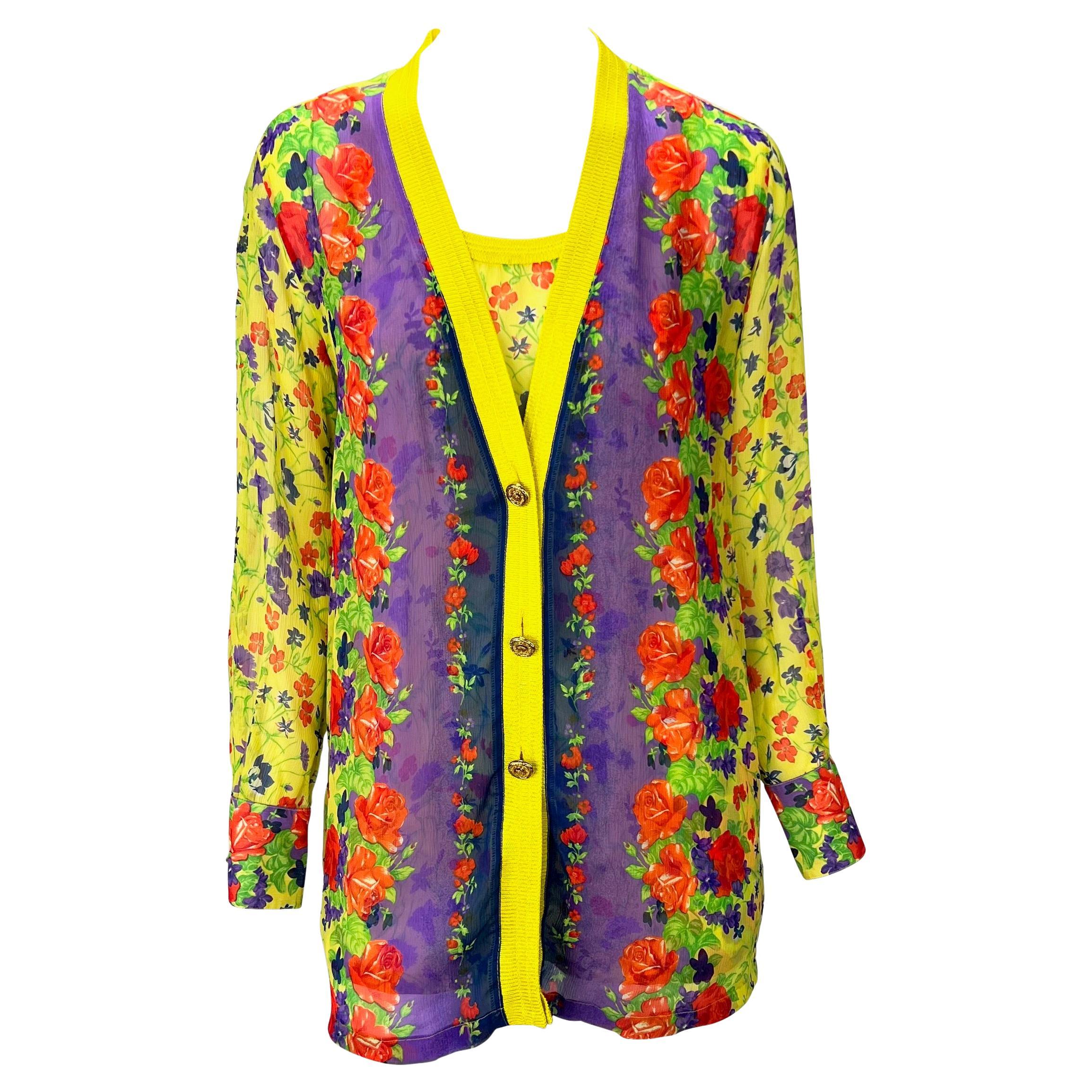 Early 1990s Gianni Versace Sheer Yellow Floral Medusa Oversized Cardigan Set For Sale