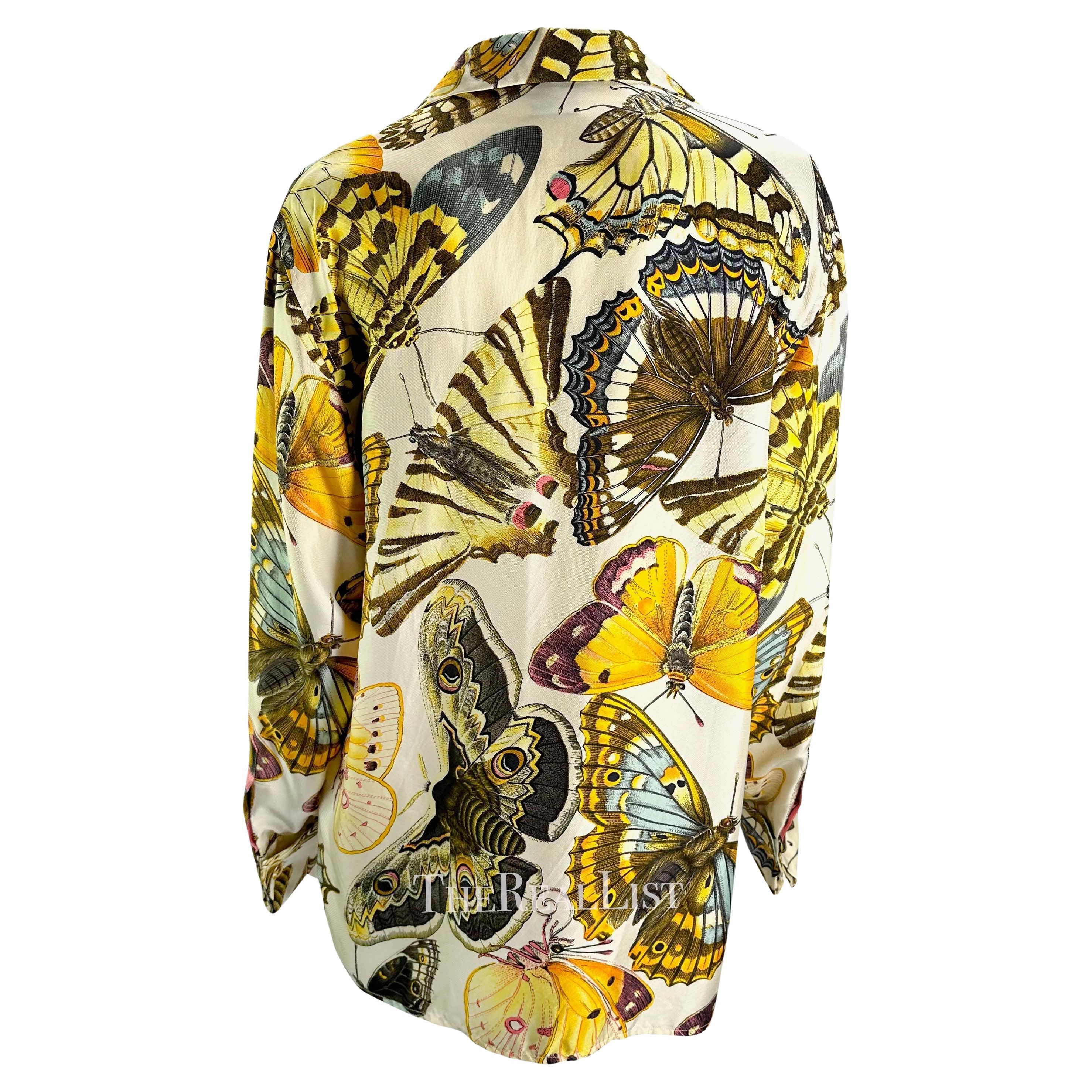 Early 1990s Gucci Butterfly Print Multicolor Silk GG Cufflink Blouse In Excellent Condition For Sale In West Hollywood, CA