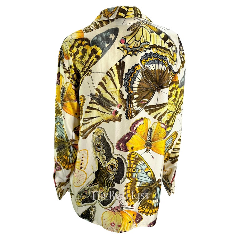 Early 1990s Gucci Butterfly Print Multicolor Silk GG Cufflink Blouse ...