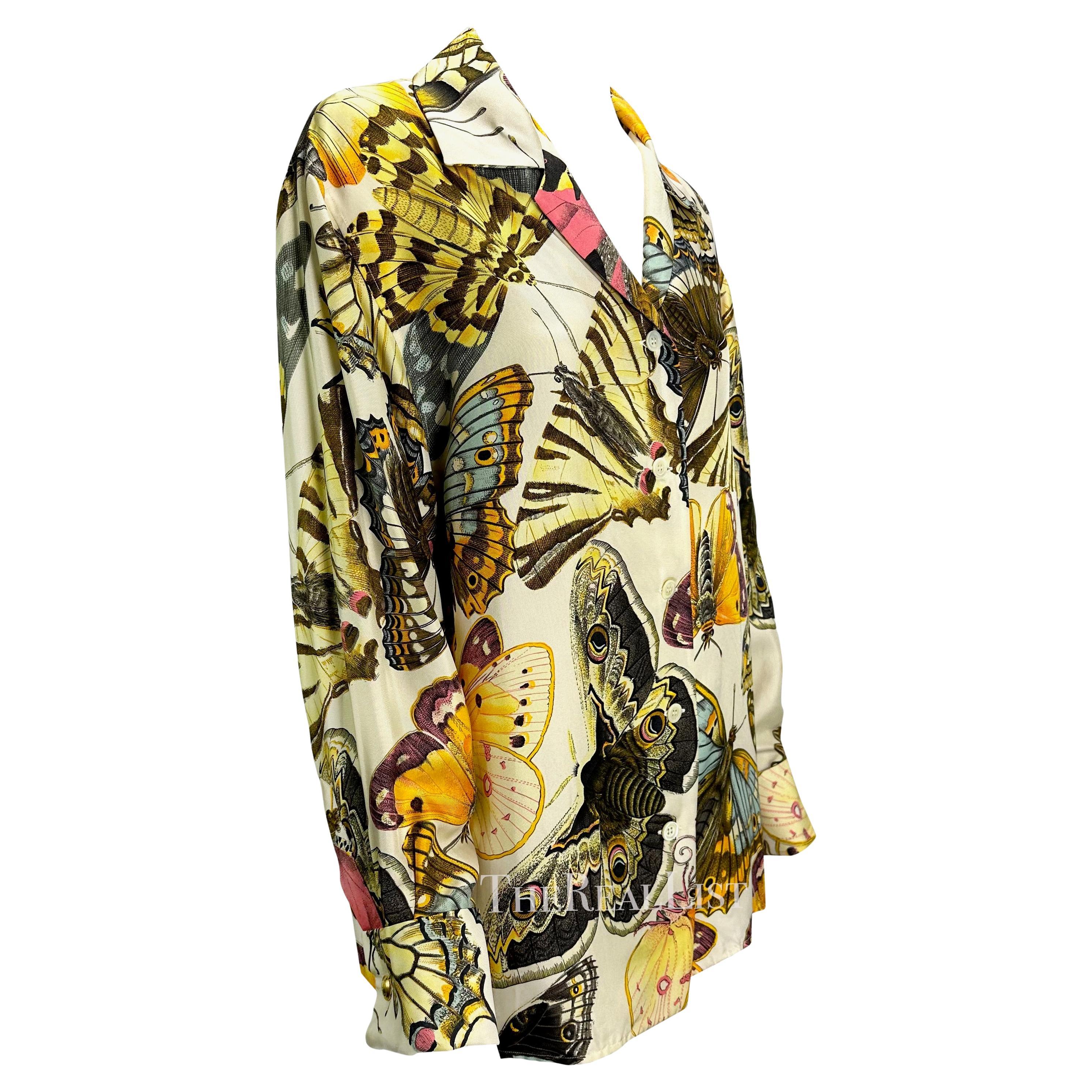 Early 1990s Gucci Butterfly Print Multicolor Silk GG Cufflink Blouse For Sale 1