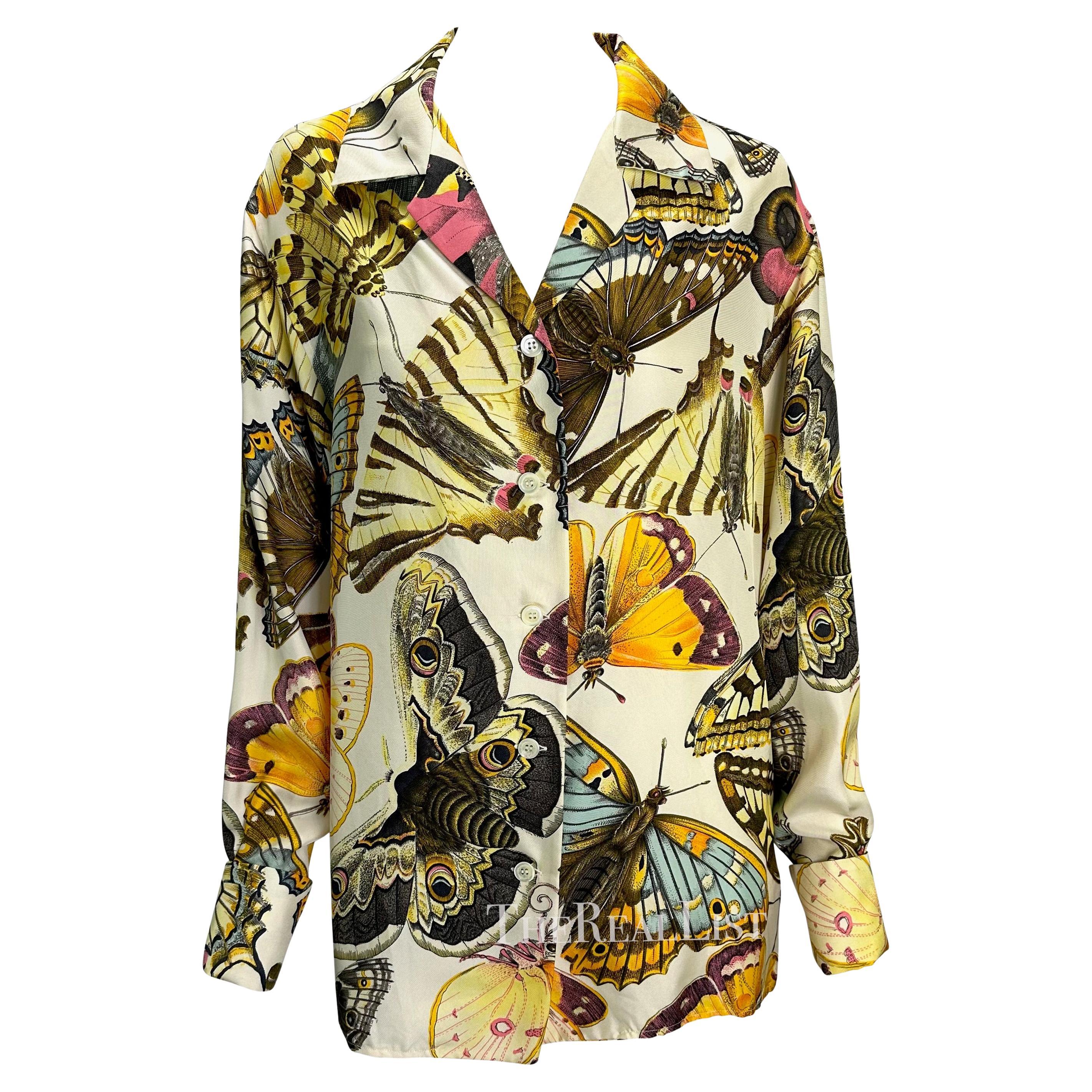 Early 1990s Gucci Butterfly Print Multicolor Silk GG Cufflink Blouse For Sale