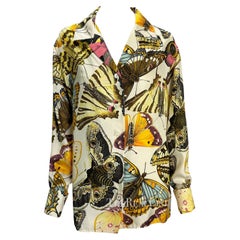 Early 1990s Gucci Butterfly Print Multicolor Silk GG Cufflink Blouse