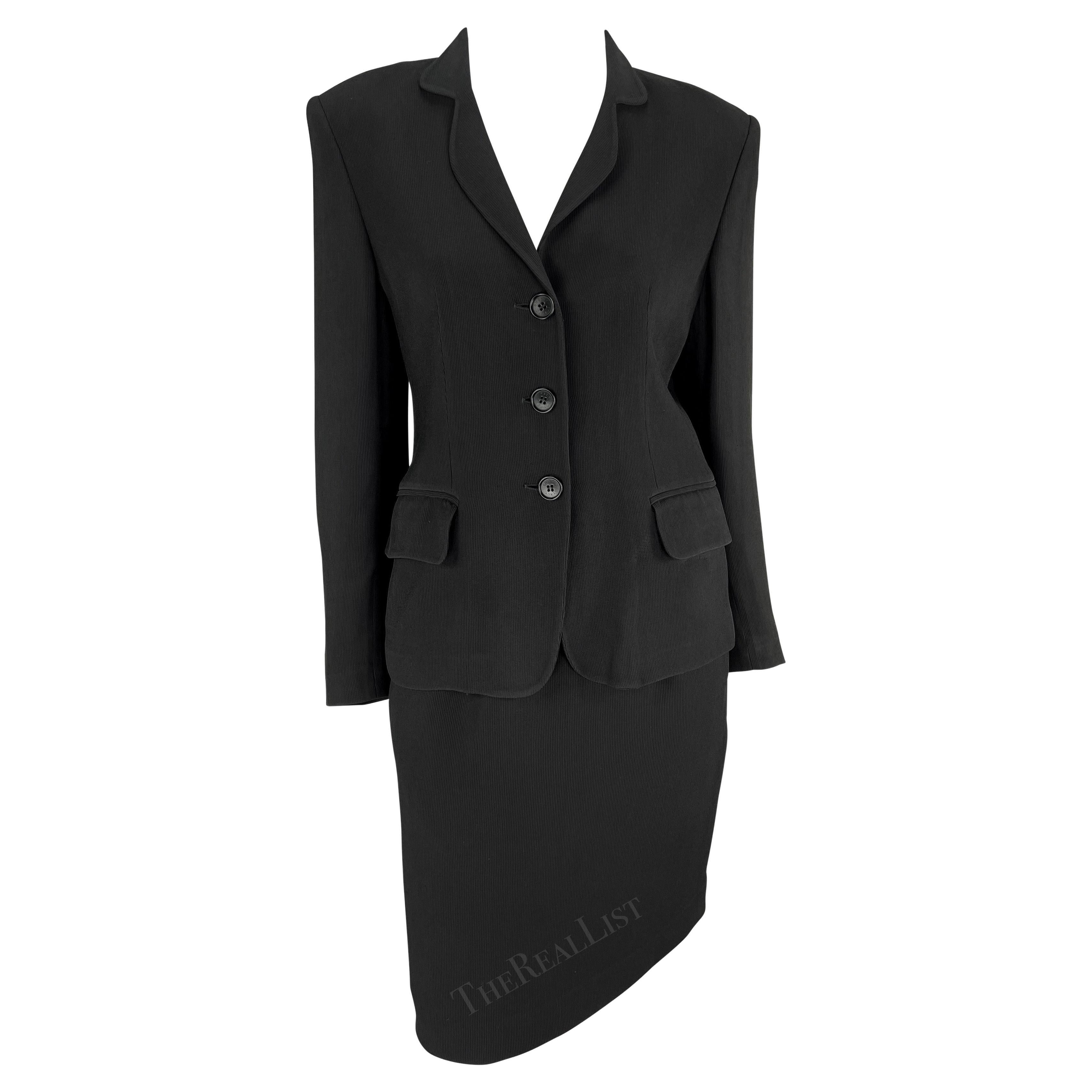 Early 1990s Gucci Minimalist Black Blazer Skirt Suit Set For Sale