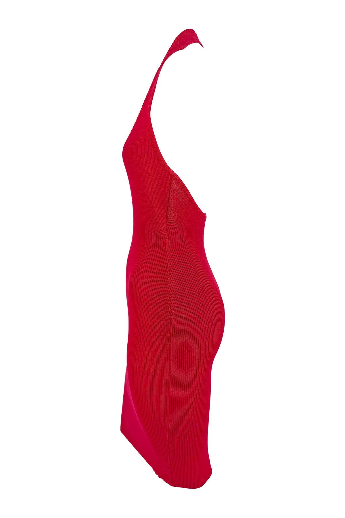 Early 1990s Michael Kors Red Stretch Cotton Ribbed Halter Dress In Excellent Condition For Sale In West Hollywood, CA