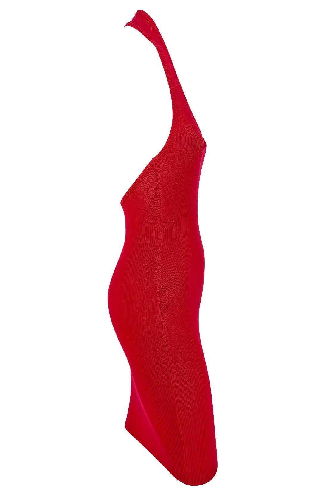 Early 1990s Michael Kors Red Stretch Cotton Ribbed Halter Dress For Sale 1