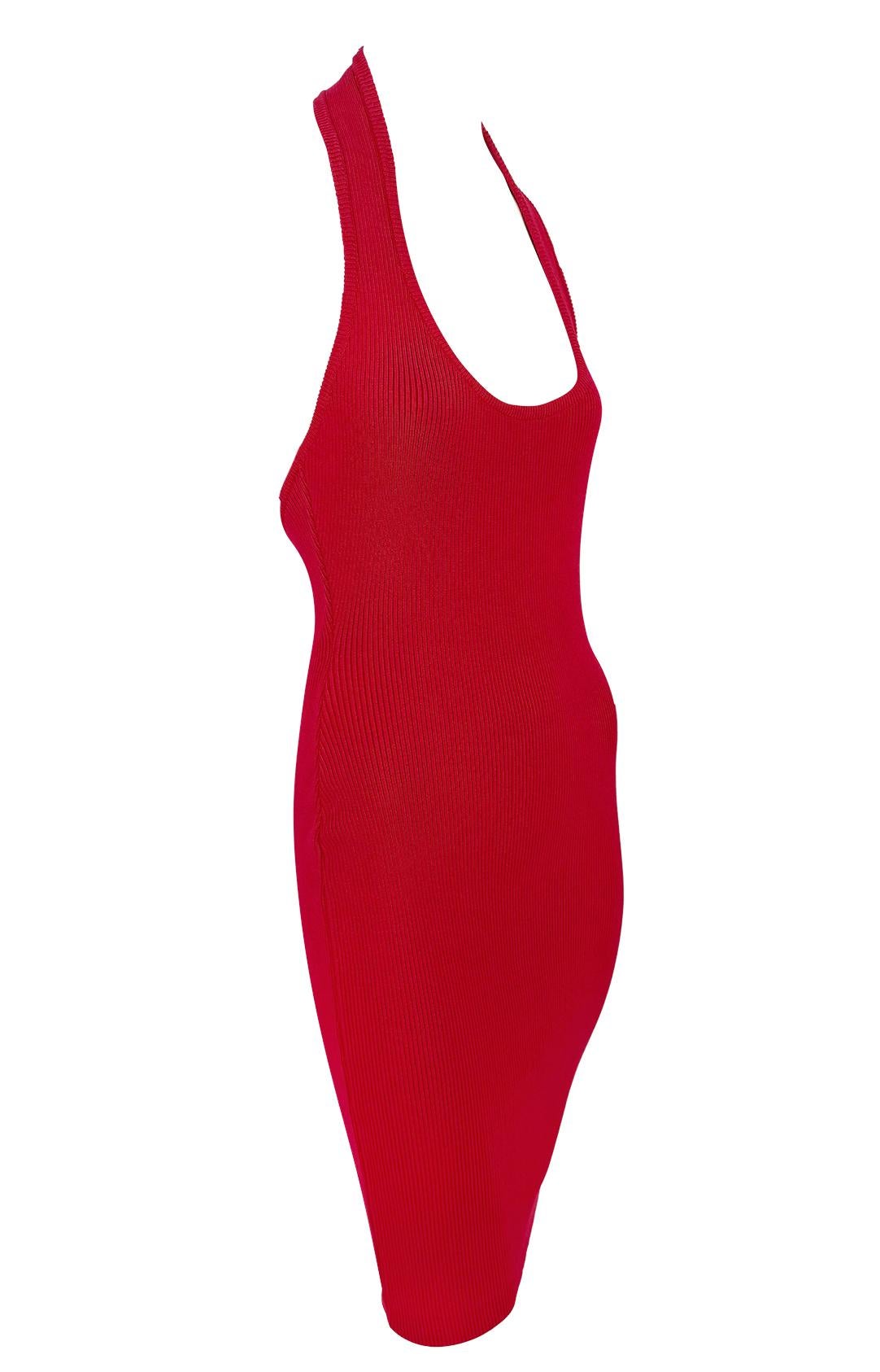 Early 1990s Michael Kors Red Stretch Cotton Ribbed Halter Dress For Sale 2