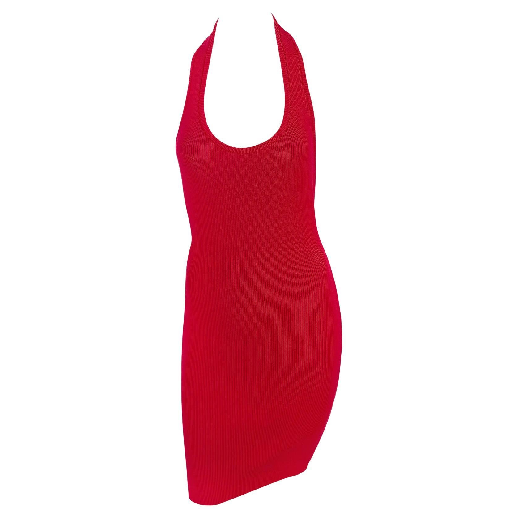 Early 1990s Michael Kors Red Stretch Cotton Ribbed Halter Dress For Sale