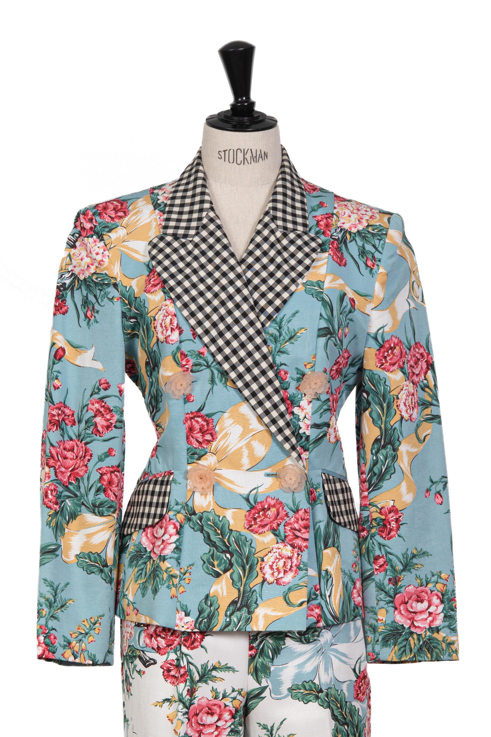 Early 1990s MOSCHINO Blue White Pink Floral & Check Print Jacket & Pant Suit For Sale 2