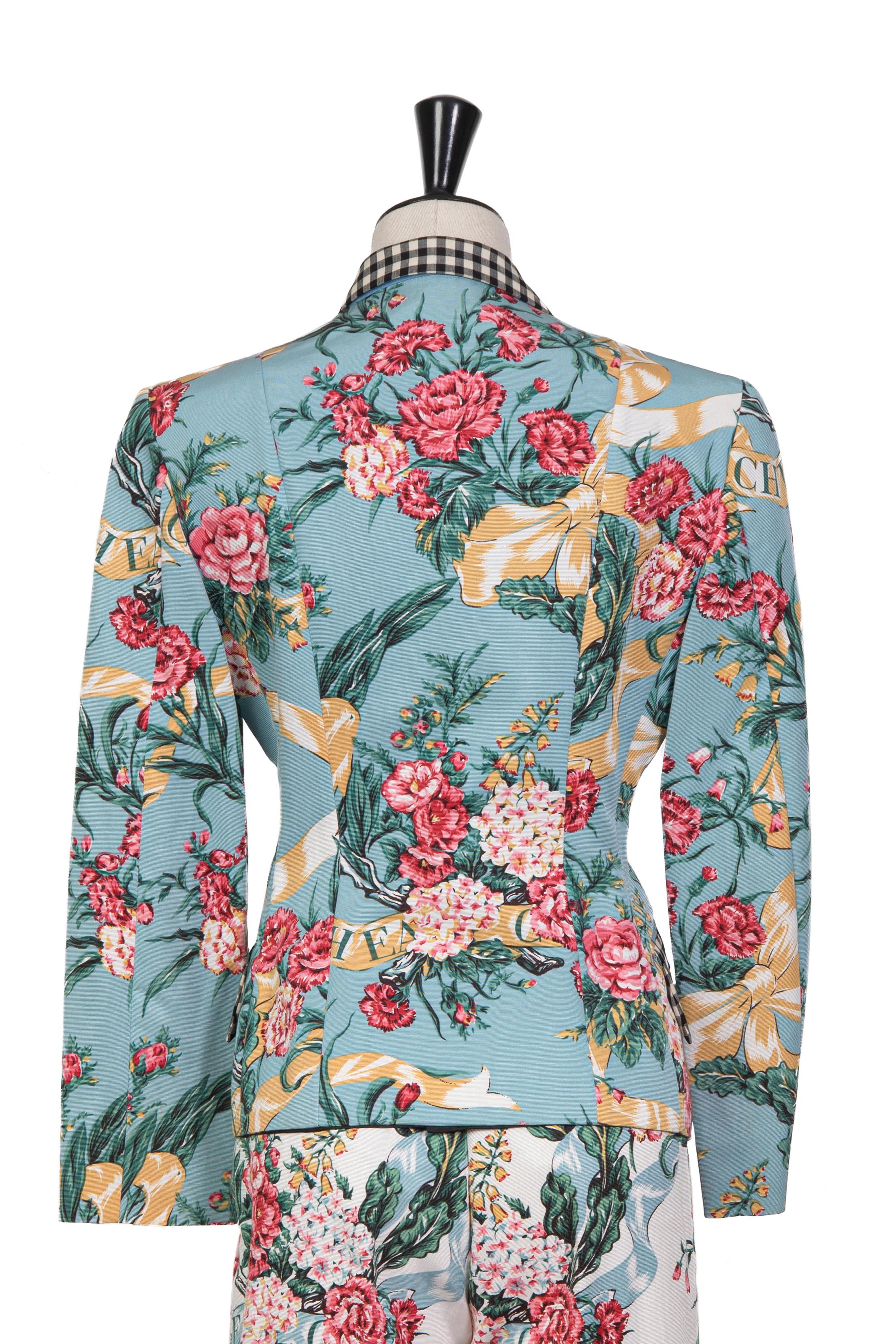 Early 1990s MOSCHINO Blue White Pink Floral & Check Print Jacket & Pant Suit For Sale 3