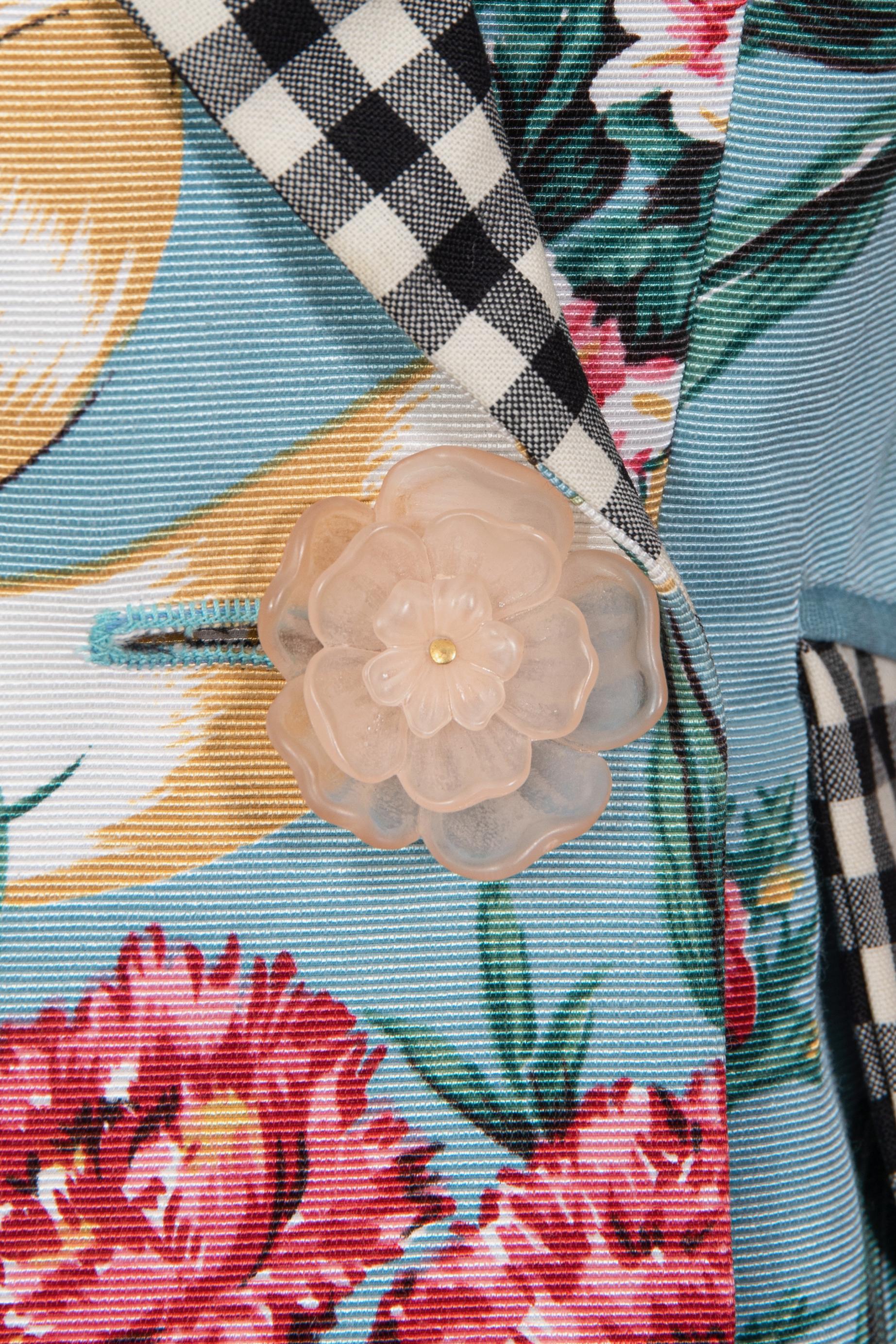 Début des années 1990 - Ensemble veste et pantalon MOSCHINO bleu blanc rose imprimé floral et à carreaux en vente 4