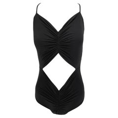 Early 1990s Norma Kamali Black Viscose Ruched Cutout Bodysuit Swimsuit