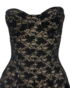 Early 1990s Norma Kamali Strapless Black Lace Overlay Flared Bodycon Mini Dress