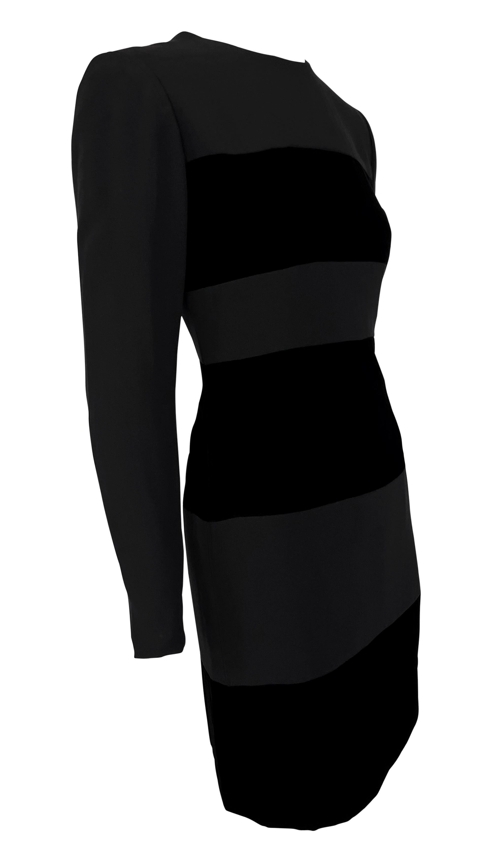 Women's Early 1990s Oscar de La Renta Black Velvet Strip Long Sleeve Mini Dress For Sale