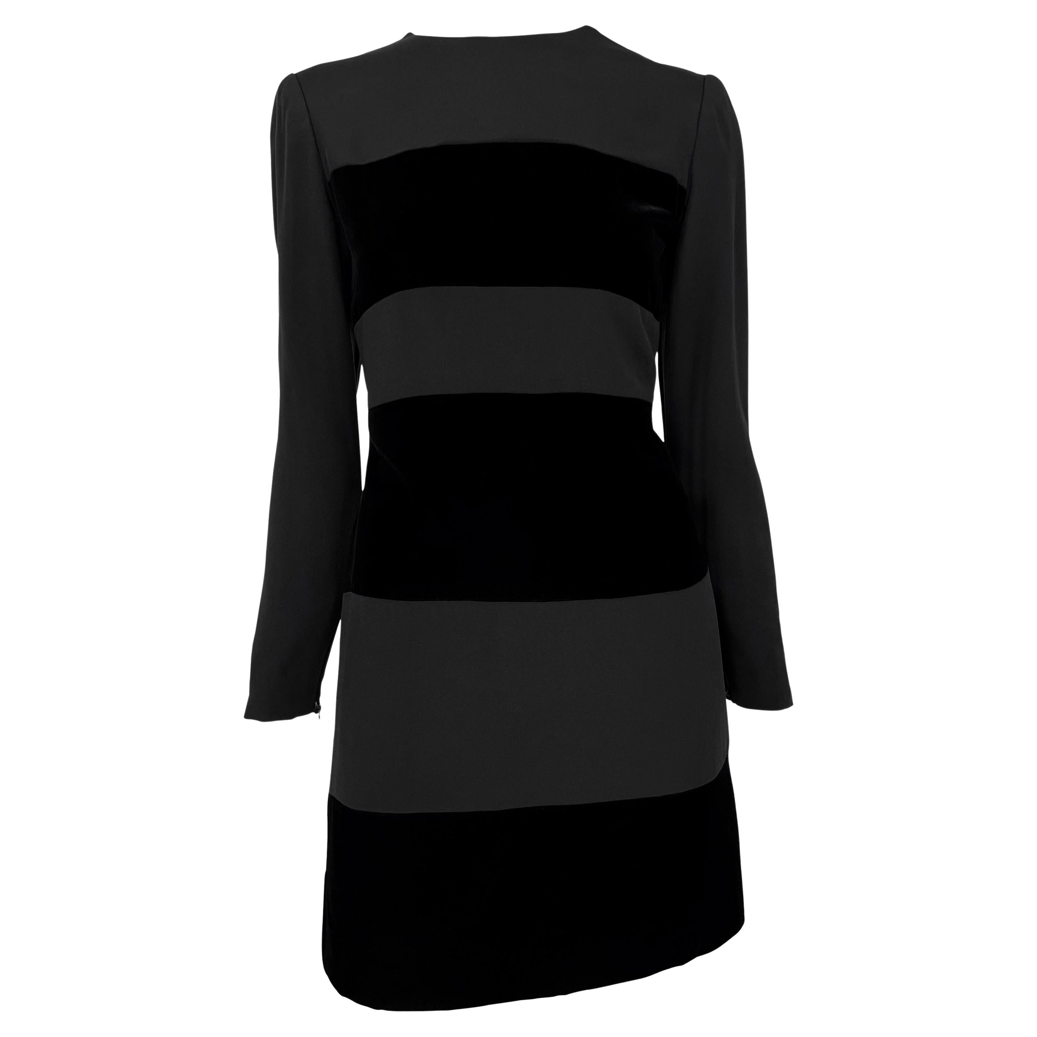 Early 1990s Oscar de La Renta Black Velvet Strip Long Sleeve Mini Dress For Sale
