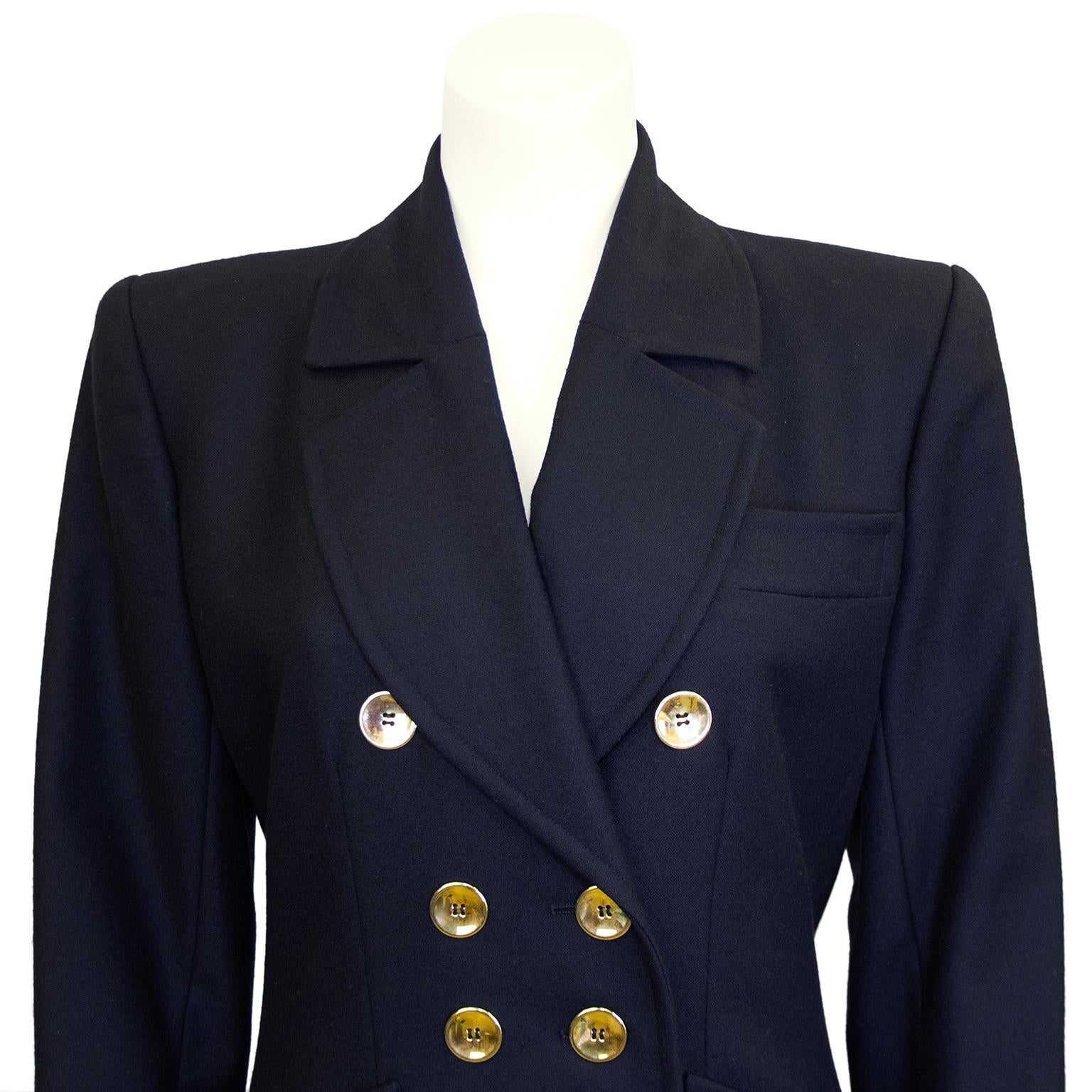 Black Early 1990s Saint Laurent Navy Wool Skirt Suit with Gold Buttons For Sale