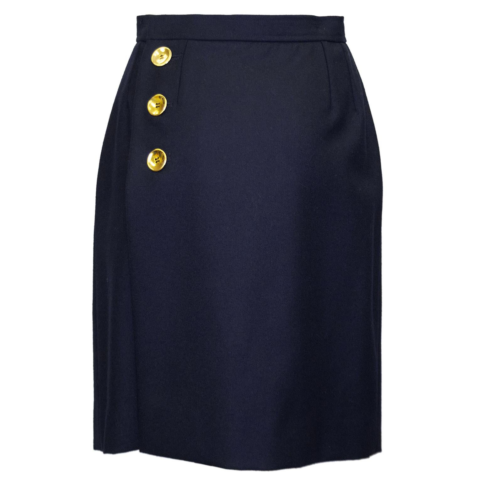 Early 1990s Saint Laurent Navy Wool Skirt Suit with Gold Buttons In Good Condition For Sale In Toronto, Ontario