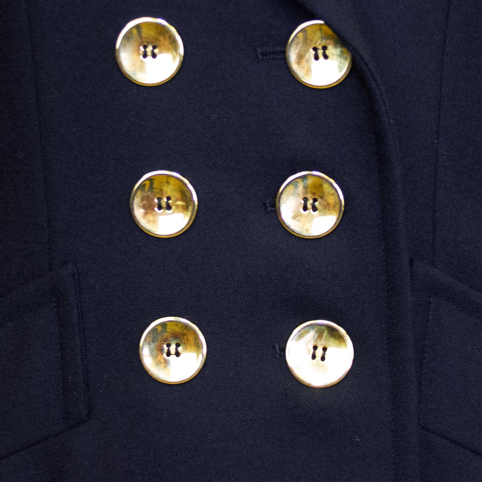 Early 1990s Saint Laurent Navy Wool Skirt Suit with Gold Buttons For Sale 1