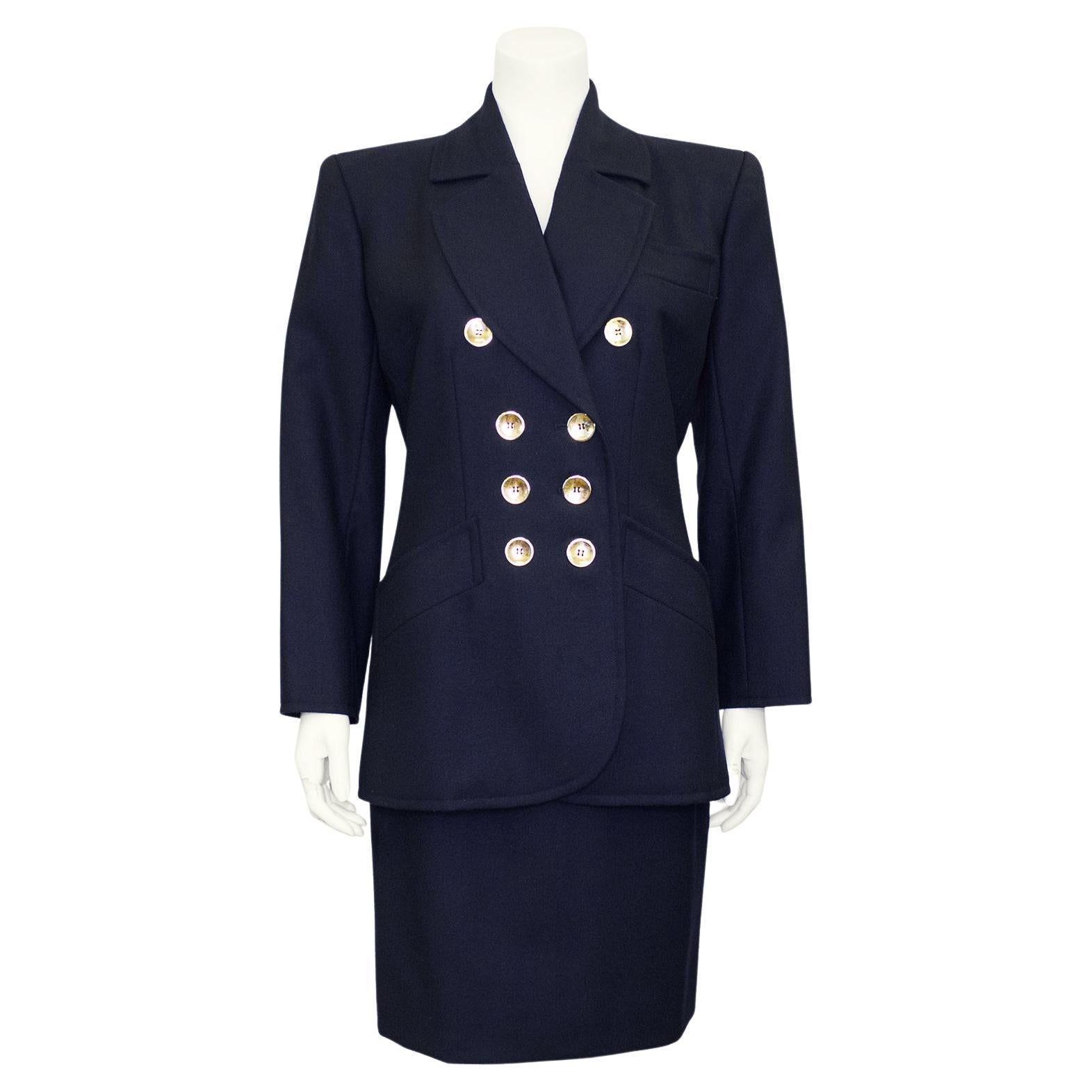 Early 1990s Saint Laurent Navy Wool Skirt Suit with Gold Buttons For Sale