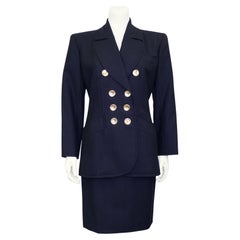 Vintage Early 1990s Saint Laurent Navy Wool Skirt Suit with Gold Buttons