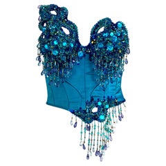 Early 1990s Thierry Mugler Blue Rhinestone Encrusted Bead Bustier Corset