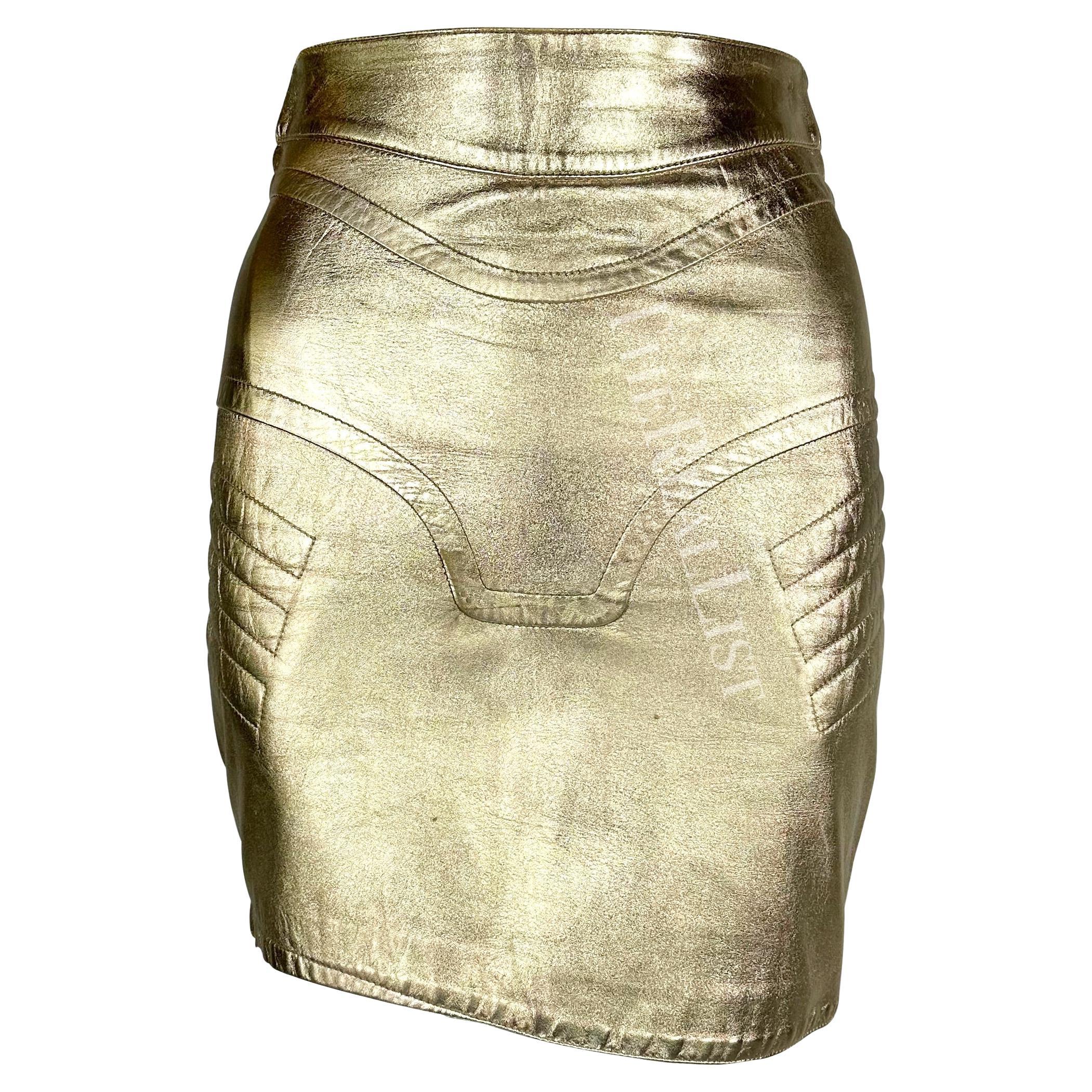 Early 1990s Thierry Mugler Metallic Gold Leather Biker Moto Skirt For Sale