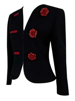 Early 1990s Valentino Garavani Black Wool 3D Red Flower Appliqué Blazer Jacket