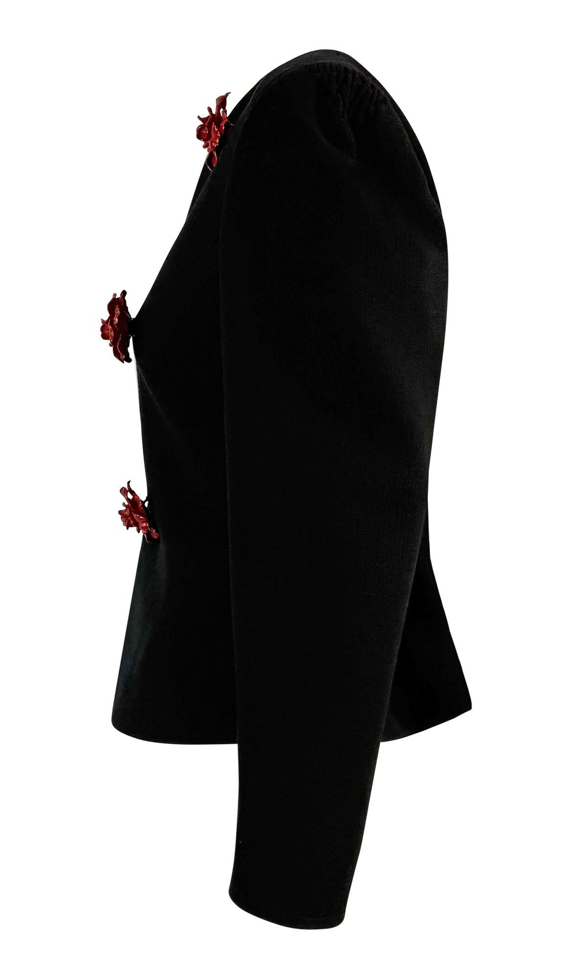 Early 1990s Valentino Garavani Black Wool 3D Red Flower Appliqué Blazer Jacket In Excellent Condition In West Hollywood, CA