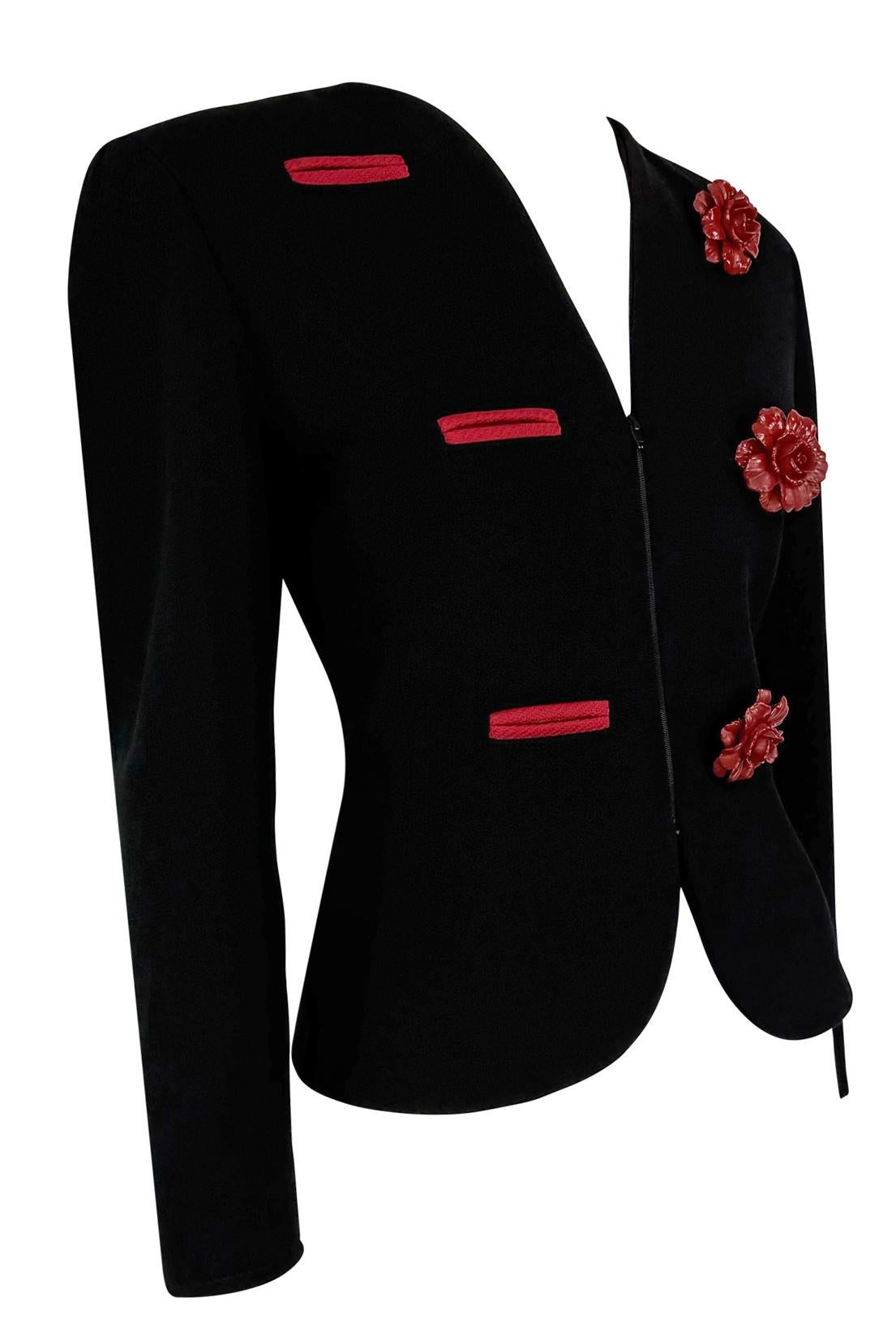 Early 1990s Valentino Garavani Black Wool 3D Red Flower Appliqué Blazer Jacket 3