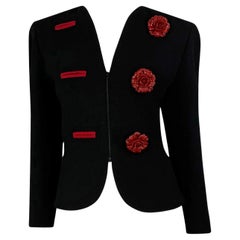 Valentino Garavani, giacca blazer in lana nera 3D con fiori rossi, inizio anni '90
