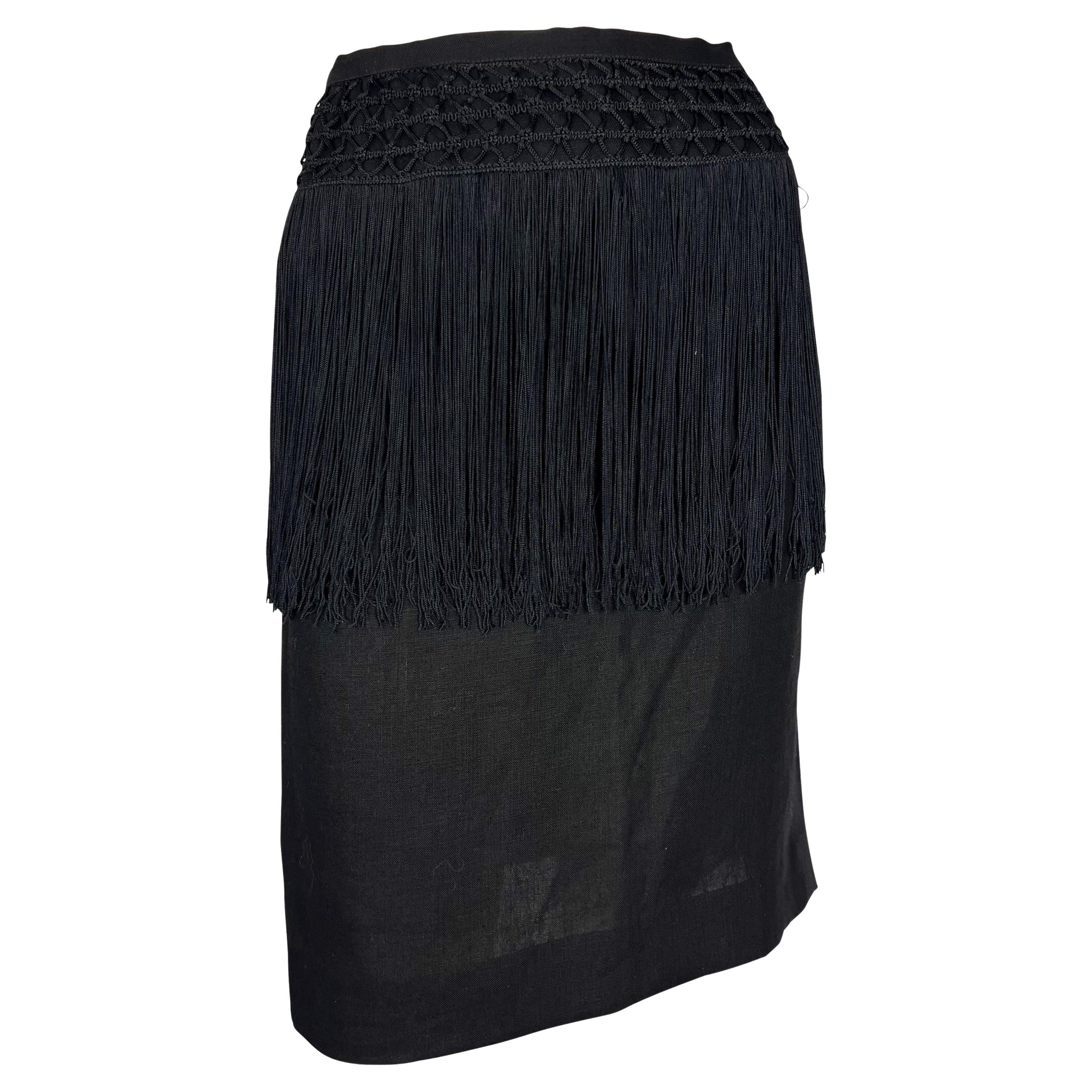 Early 1990s Valentino Garavani Fringe Knit Black Linen Pencil Skirt For Sale