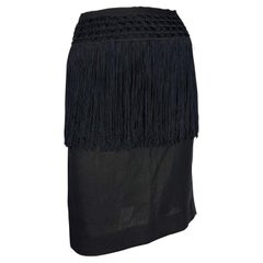 Early 1990s Valentino Garavani Fringe Knit Black Linen Pencil Skirt