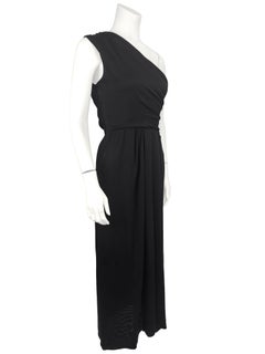 Early 1990s YSL Yves Saint Laurent Black Jersey Gathered One Shoulder Gown